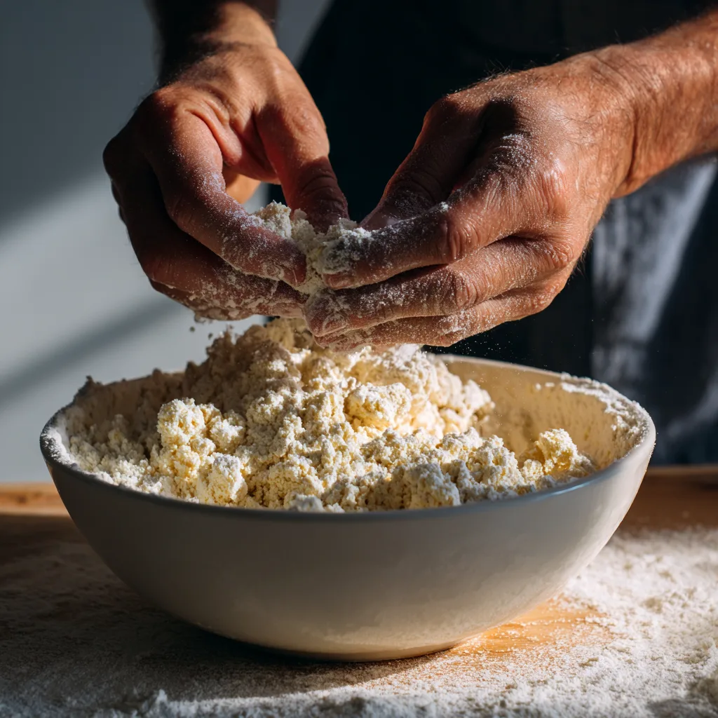 préparation pâte à crumble fraise rhubarbe pomme mains dans bol