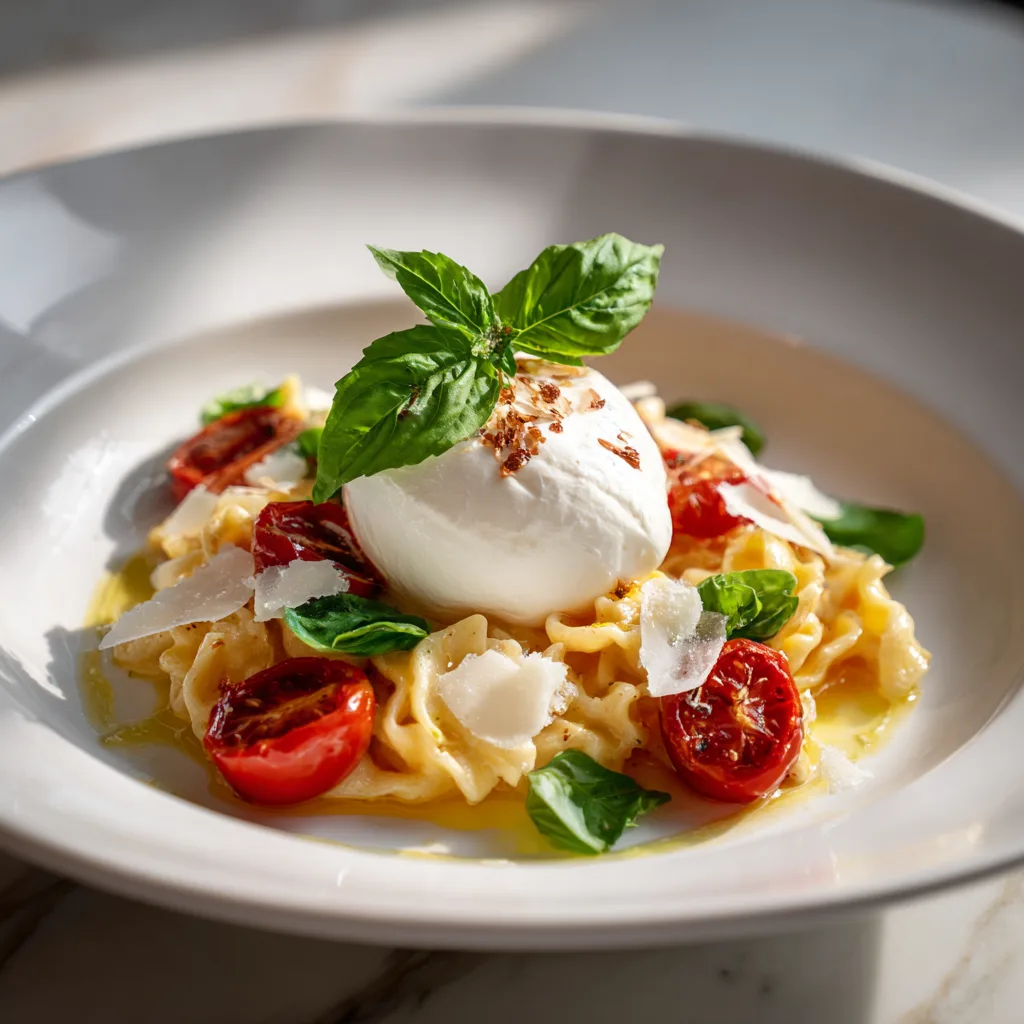 Pâtes crémeuses à la burrata servies avec une burrata entière, basilic et parmesan
