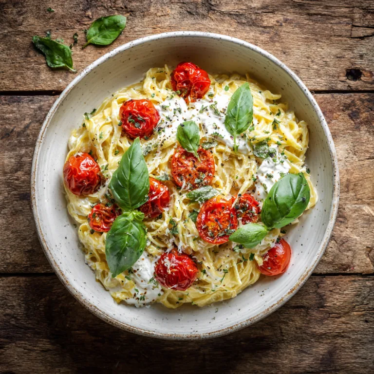 Pâtes crémeuses à la burrata avec tomates cerises et basilic, vue de dessus