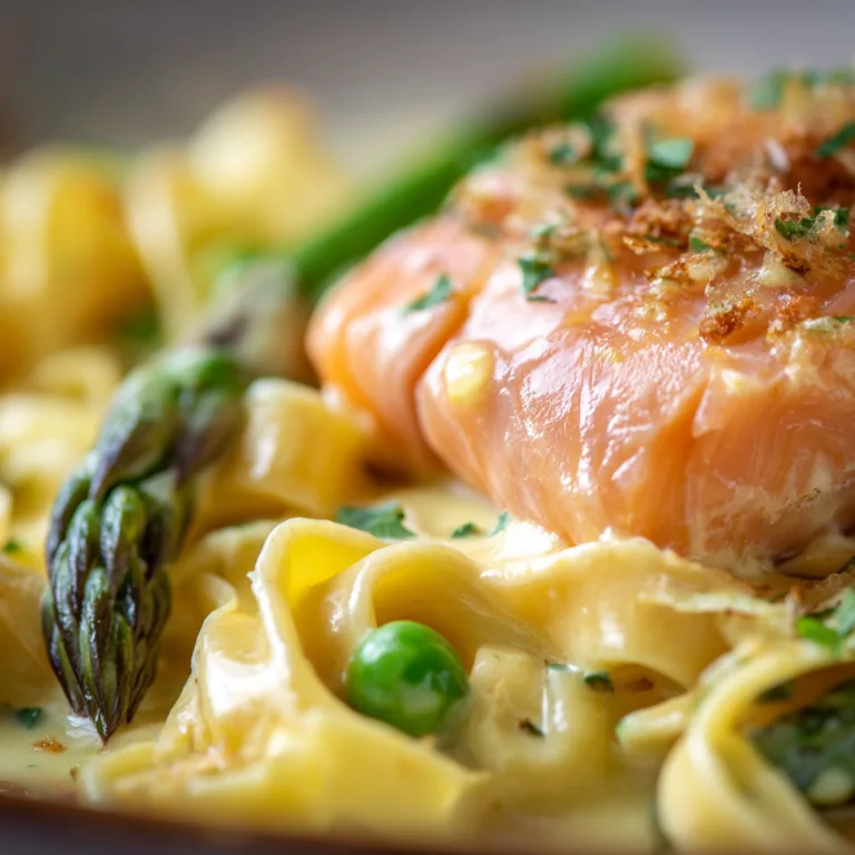 Gros plan pâtes primavera au saumon texture crémeuse