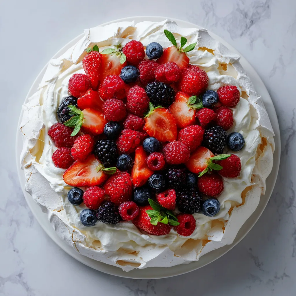 Pavlova aux fruits rouges vue de dessus avec fraises, framboises et myrtilles sur fond marbre blanc