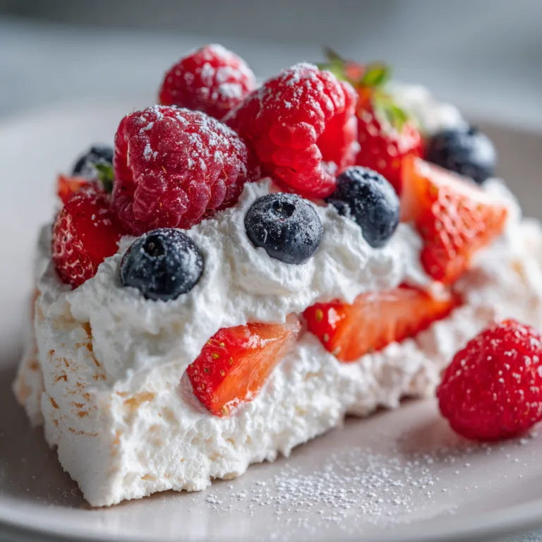 Gros plan sur la texture intérieure de la Pavlova aux fruits rouges avec crème chantilly et framboises