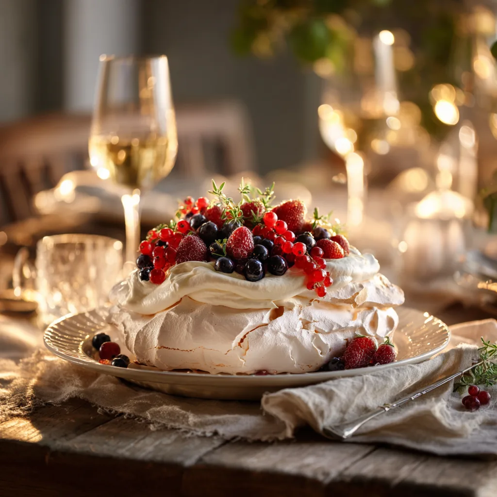 Pavlova aux fruits rouges présentée sur table en bois avec décoration élégante et fruits frais