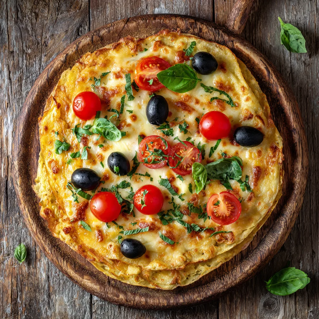 Pizza tortilla facile croustillante vue de dessus avec mozzarella et basilic