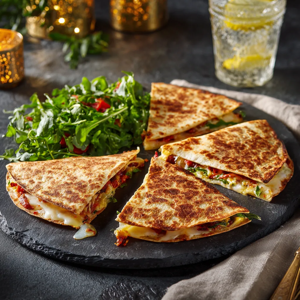 Pizza tortilla maison facile découpée en parts avec salade roquette sur ardoise