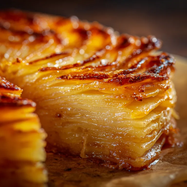 Gros plan des couches croustillantes et fondantes des Pommes Anna croustillantes