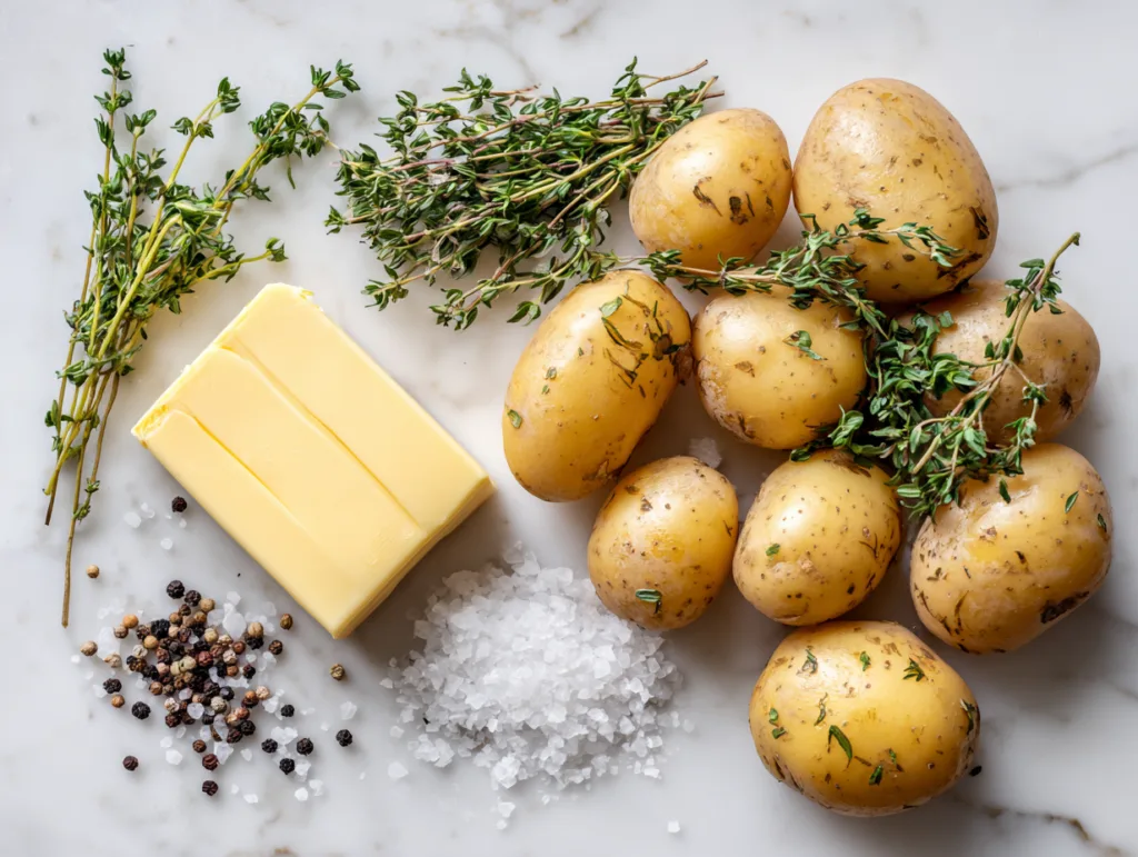 Ingrédients pour les Pommes Anna croustillantes : pommes de terre Charlotte, beurre et thym