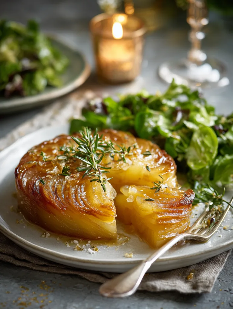 Pommes Anna croustillantes démoulées et servies en quartiers sur une assiette élégante