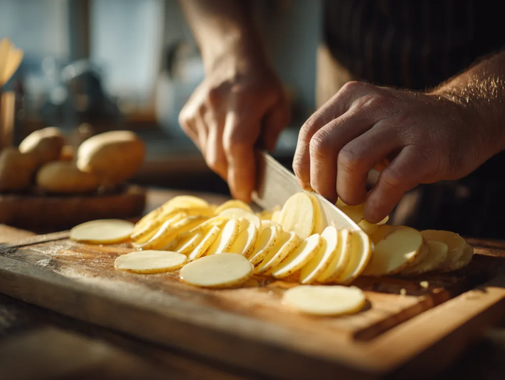 Tranchage des pommes de terre à la mandoline pour les Pommes Anna croustillantes