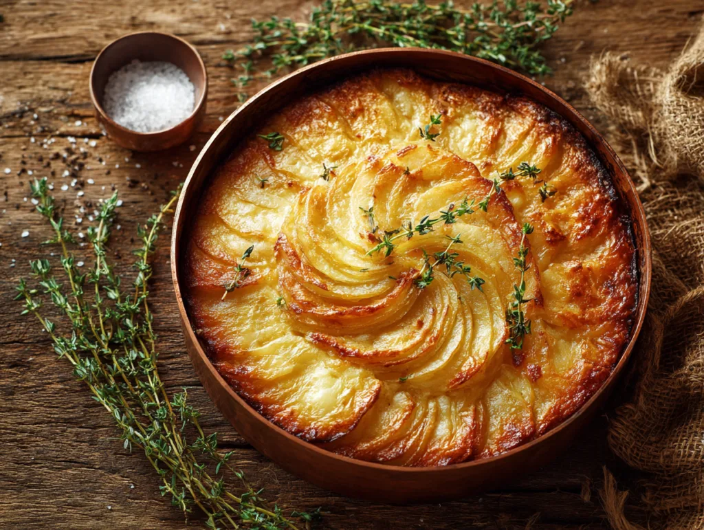 Pommes Anna croustillantes vue de dessus dans un moule en cuivre