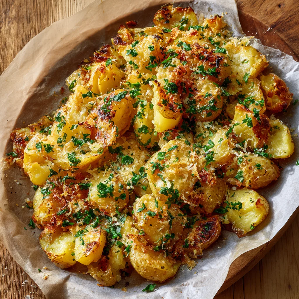 Pommes de terre smashées dorées au four vue de dessus