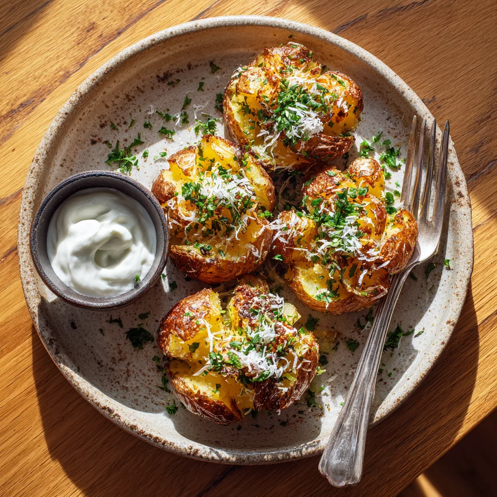 Pommes de terre smashées servies sur assiette avec sauce yaourt