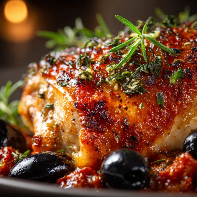 Vue aérienne d'un poulet provençal aux herbes servi dans une cocotte en terre cuite avec sauce tomate, olives et herbes fraîches