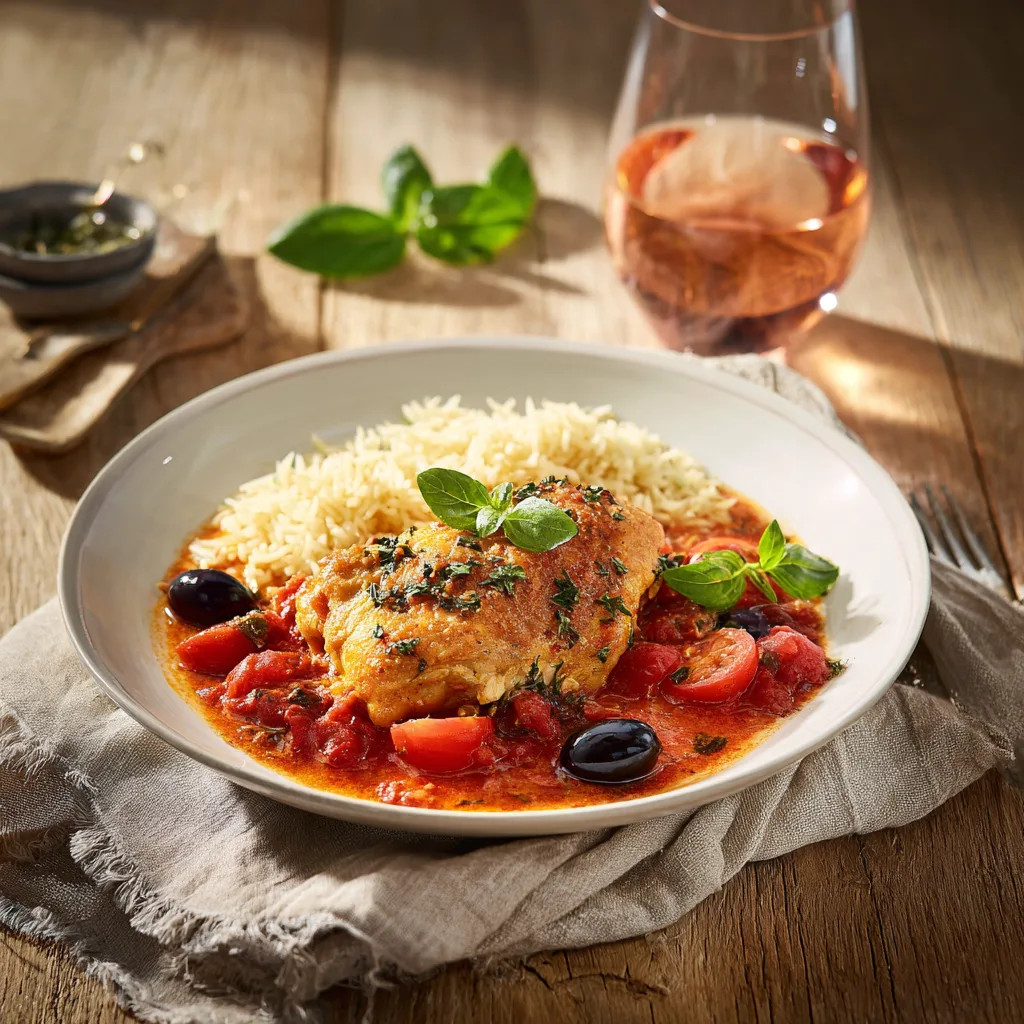 Poulet provençal aux herbes servi avec riz et sauce tomate aux olives, photo gastronomique