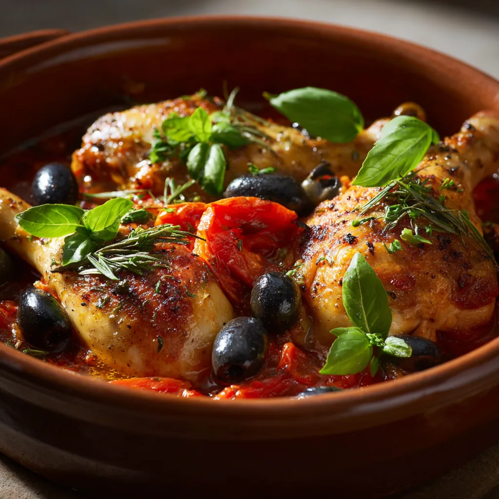Poulet provençal aux herbes dans une cocotte avec sauce tomate et olives noires