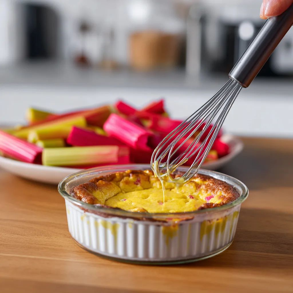 Préparation de l'appareil à clafoutis rhubarbe pomme dans un saladier