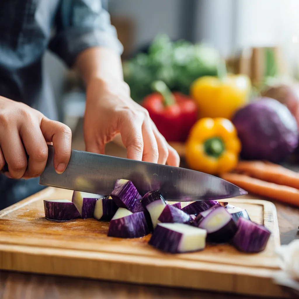 Préparation des aubergines en dés pour la Ratatouille Niçoise