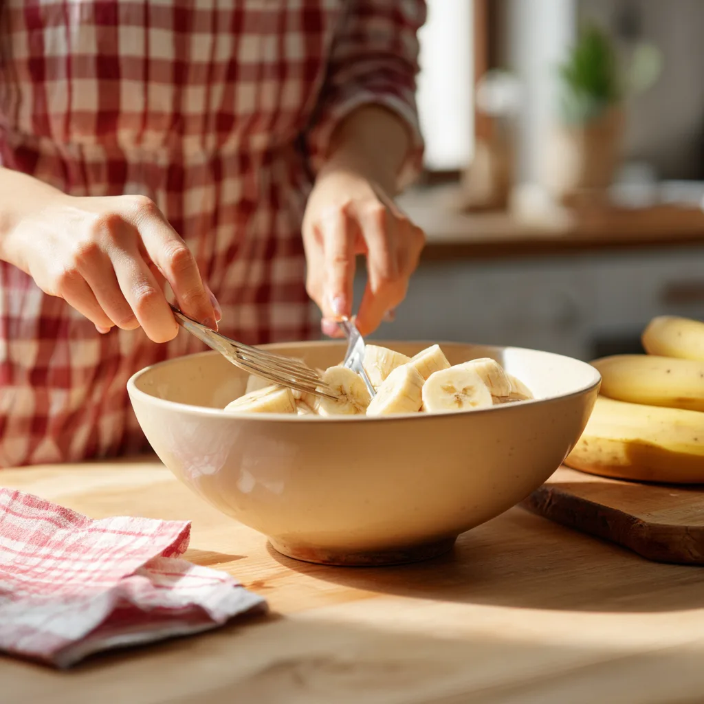 Préparation du banana bread maison : écrasage des bananes mûres à la fourchette