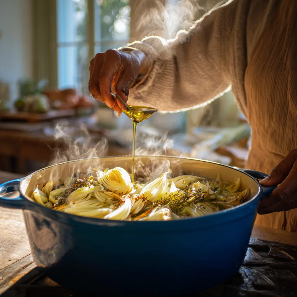 Préparation bouillabaisse traditionnelle faire revenir légumes fenouil oignon cocotte