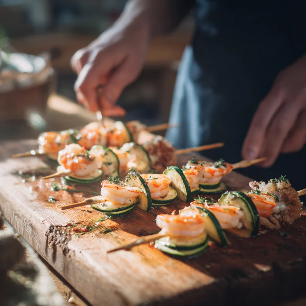 Préparation des brochettes de gambas aux courgettes, enfilage sur piques en bois