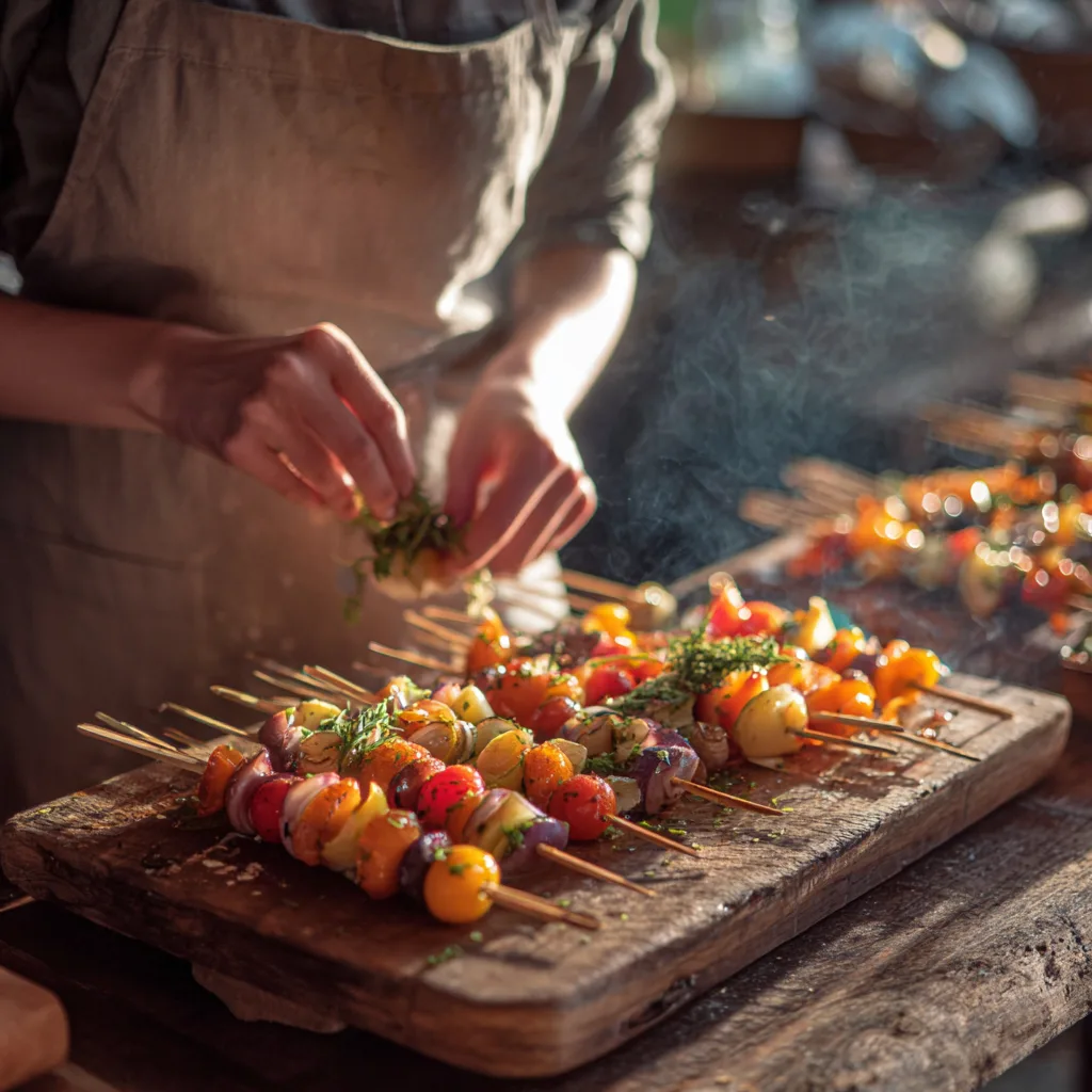 Préparation brochettes légumes grillés montage sur piques en bois