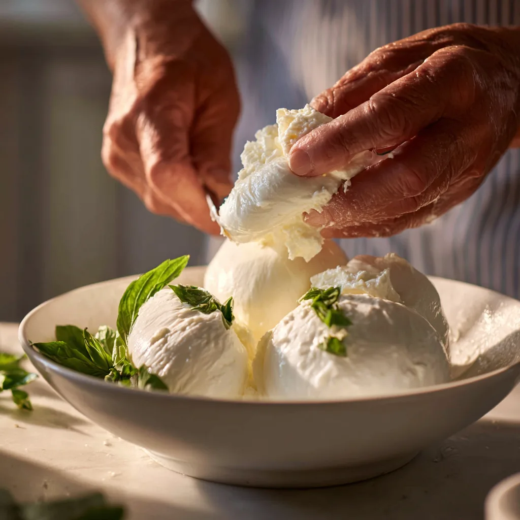 Préparation de la burrata coupée en morceaux pour la recette de pâtes crémeuses