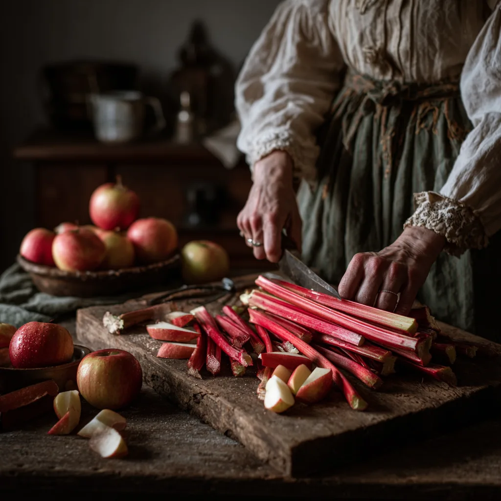 Préparation de la rhubarbe pour le clafoutis rhubarbe pomme