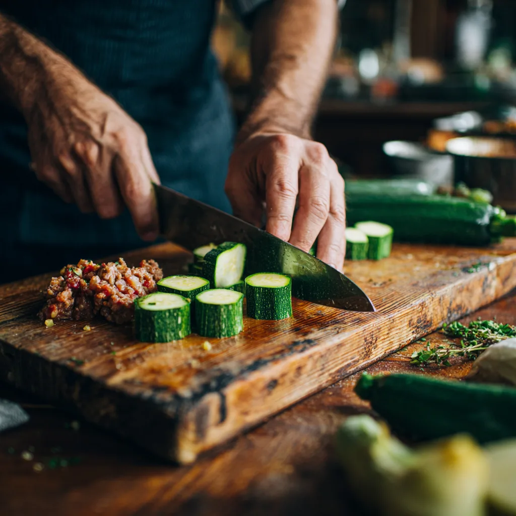 Découpe des courgettes en rondelles pour le gratin de courgettes et viande hachée