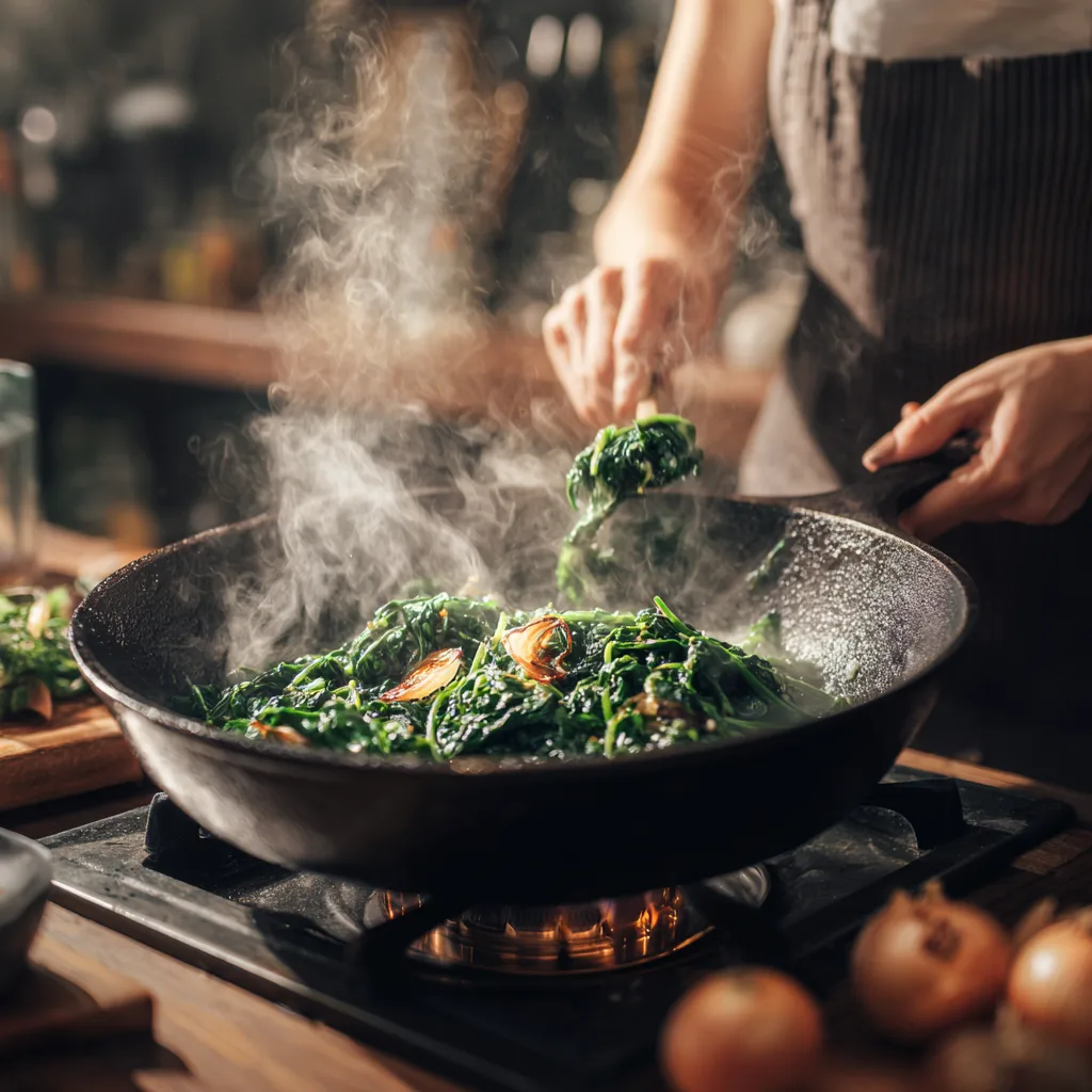 Préparation des épinards à la poêle pour les lasagnes saumon épinards
