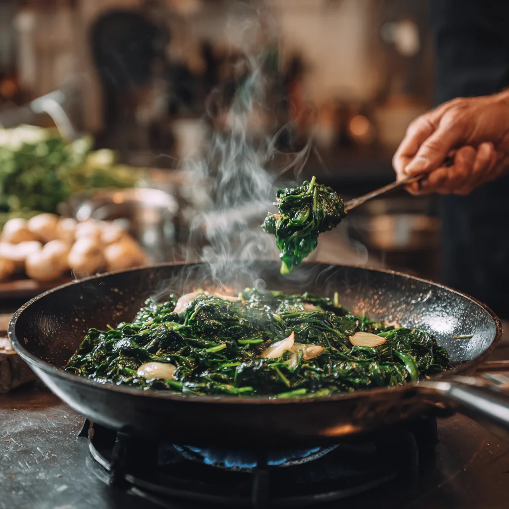 Préparation des épinards pour la recette de lasagnes épinards ricotta