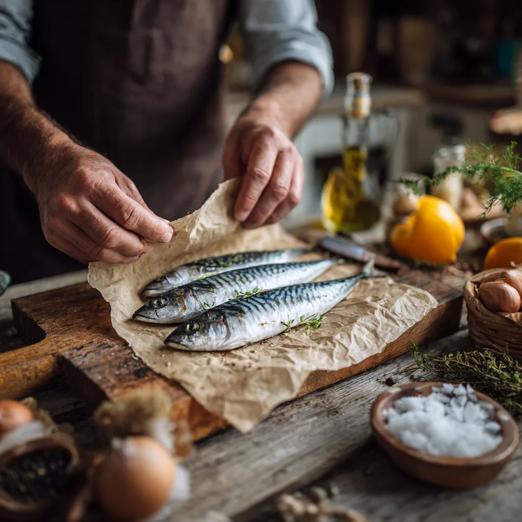 Préparation des filets de maquereau pour la recette sauce moutarde miel — séchage des filets