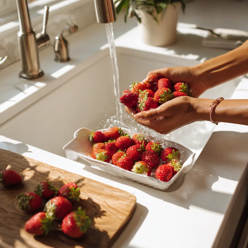 Préparation des fraises pour le milkshake fraise vanille étape 1
