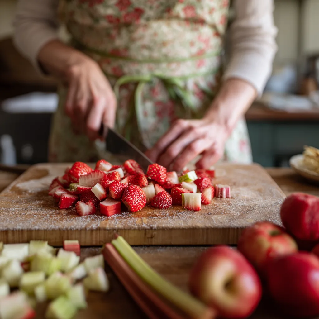 préparation des fruits pour crumble fraise rhubarbe pomme découpe