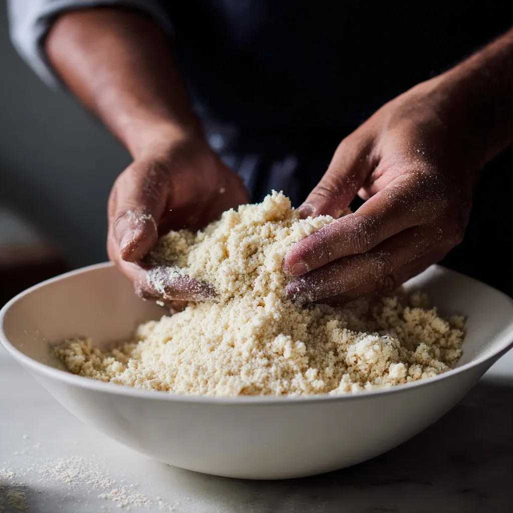 Préparation pâte crumble fraise rhubarbe noix de coco du bout des doigts