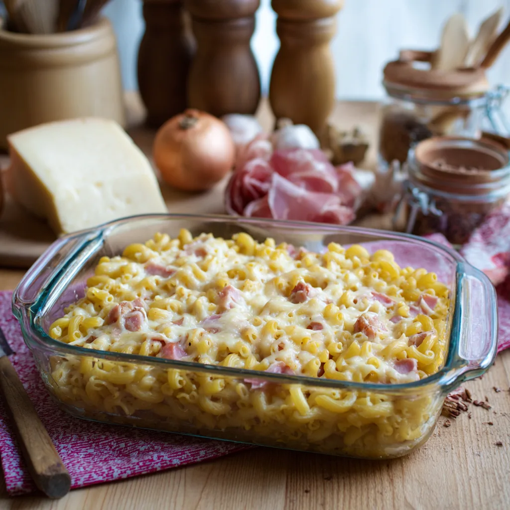 Cuisson des coquillettes dans l'eau bouillante pour le gratin de coquillettes jambon fromage