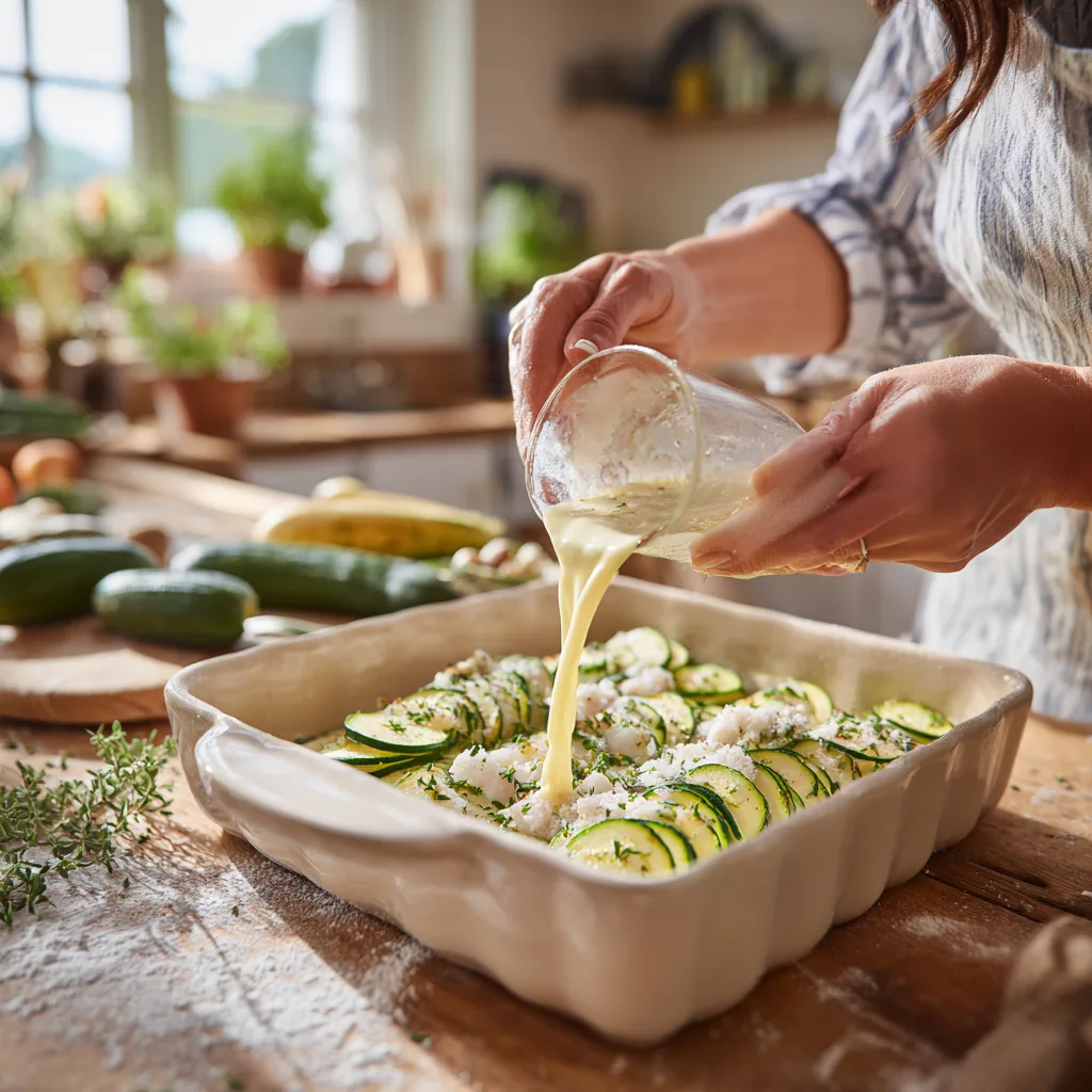 Préparation du gratin de poisson aux courgettes, disposition des ingrédients dans le plat