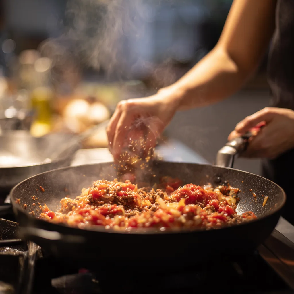Préparation du Gratin Hamburger au Fromage : cuisson du bœuf haché avec sauce tomate en sauteuse