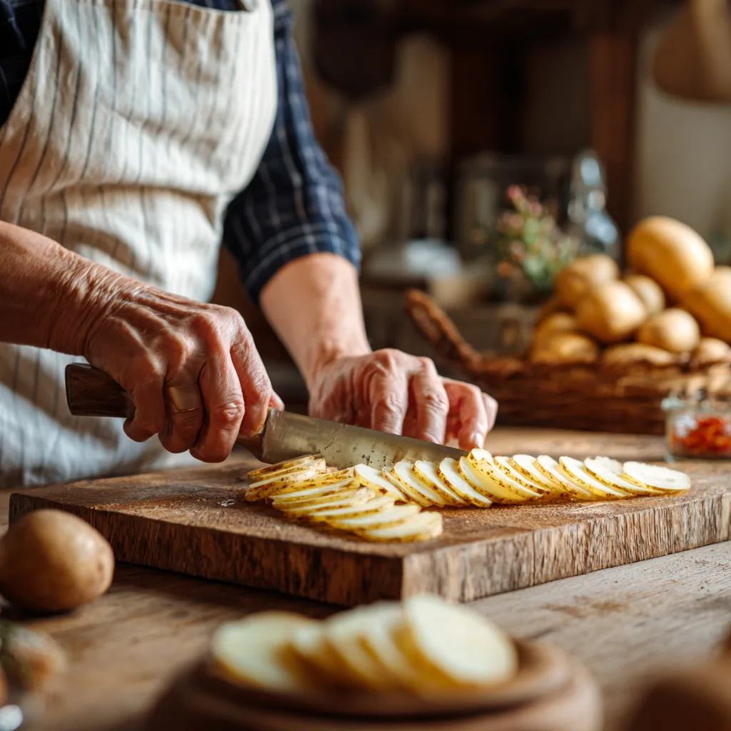 Préparation du gratin de pommes de terre aux lardons, découpe des pommes de terre
