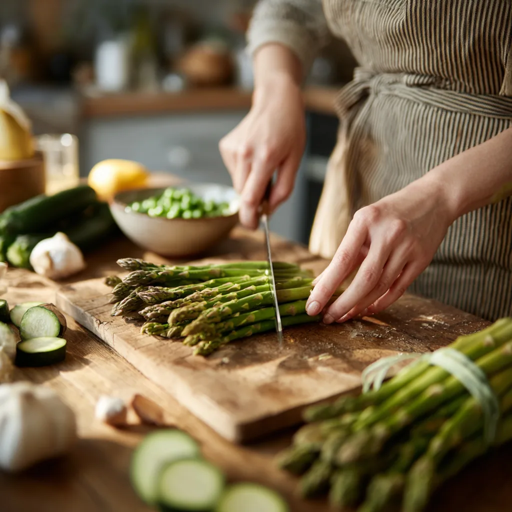 Préparation légumes printaniers pour pâtes primavera au saumon