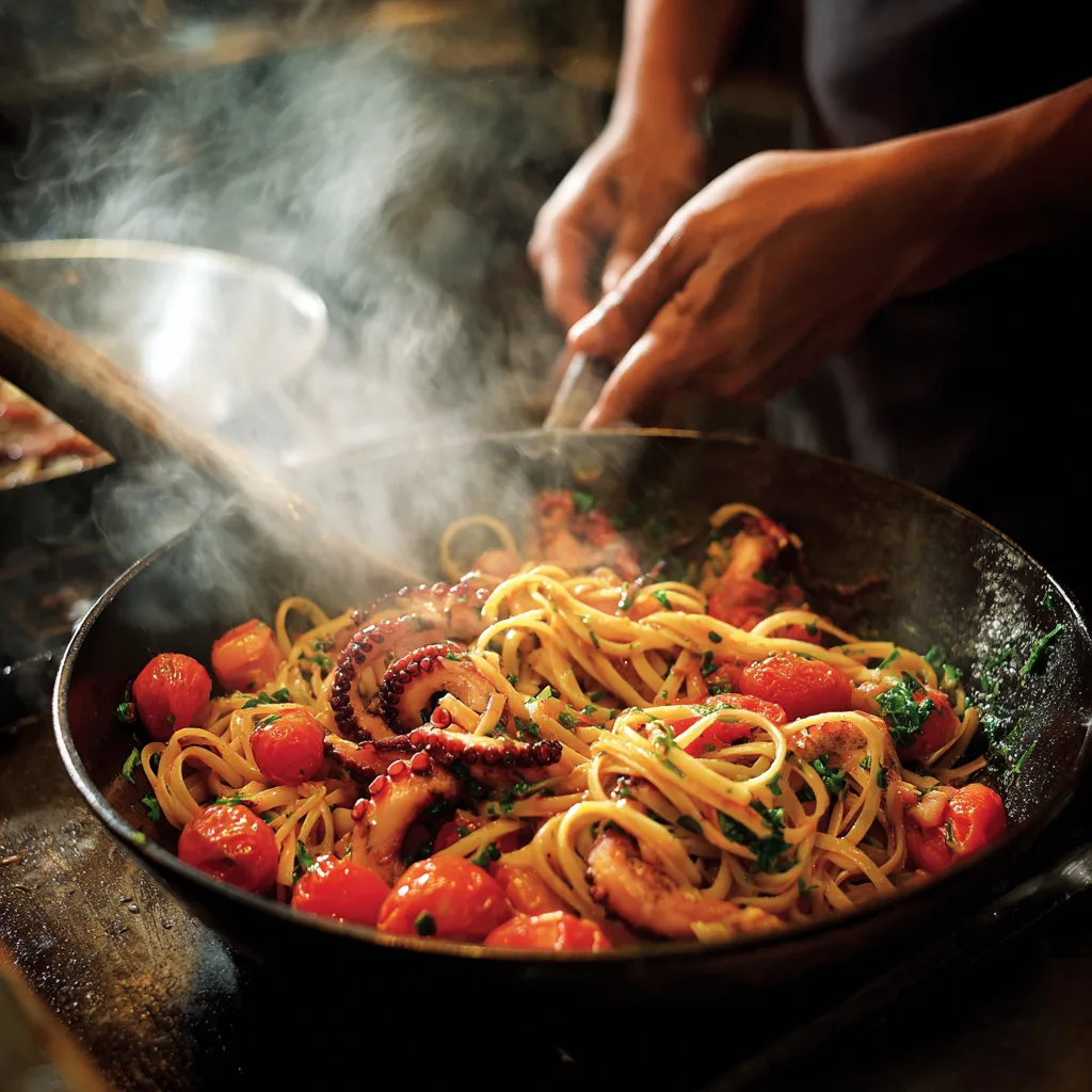 Préparation des linguine au poulpe dans une poêle en fonte, recette maison