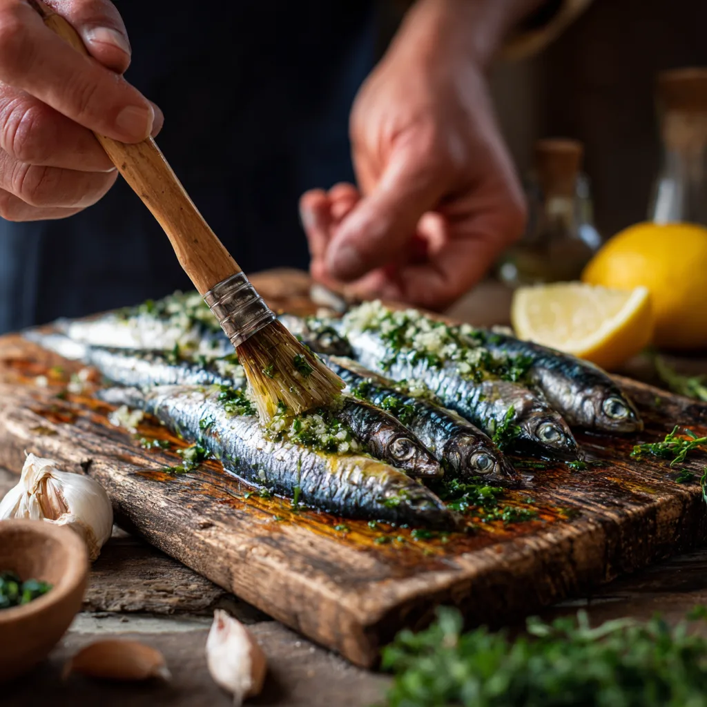 Préparation de la marinade pour les sardines grillées avec huile d'olive et herbes