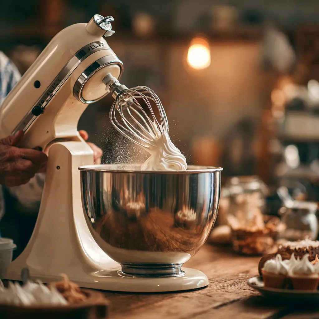Préparation de la meringue pour Pavlova aux fruits rouges — blancs en neige dans un robot pâtissier