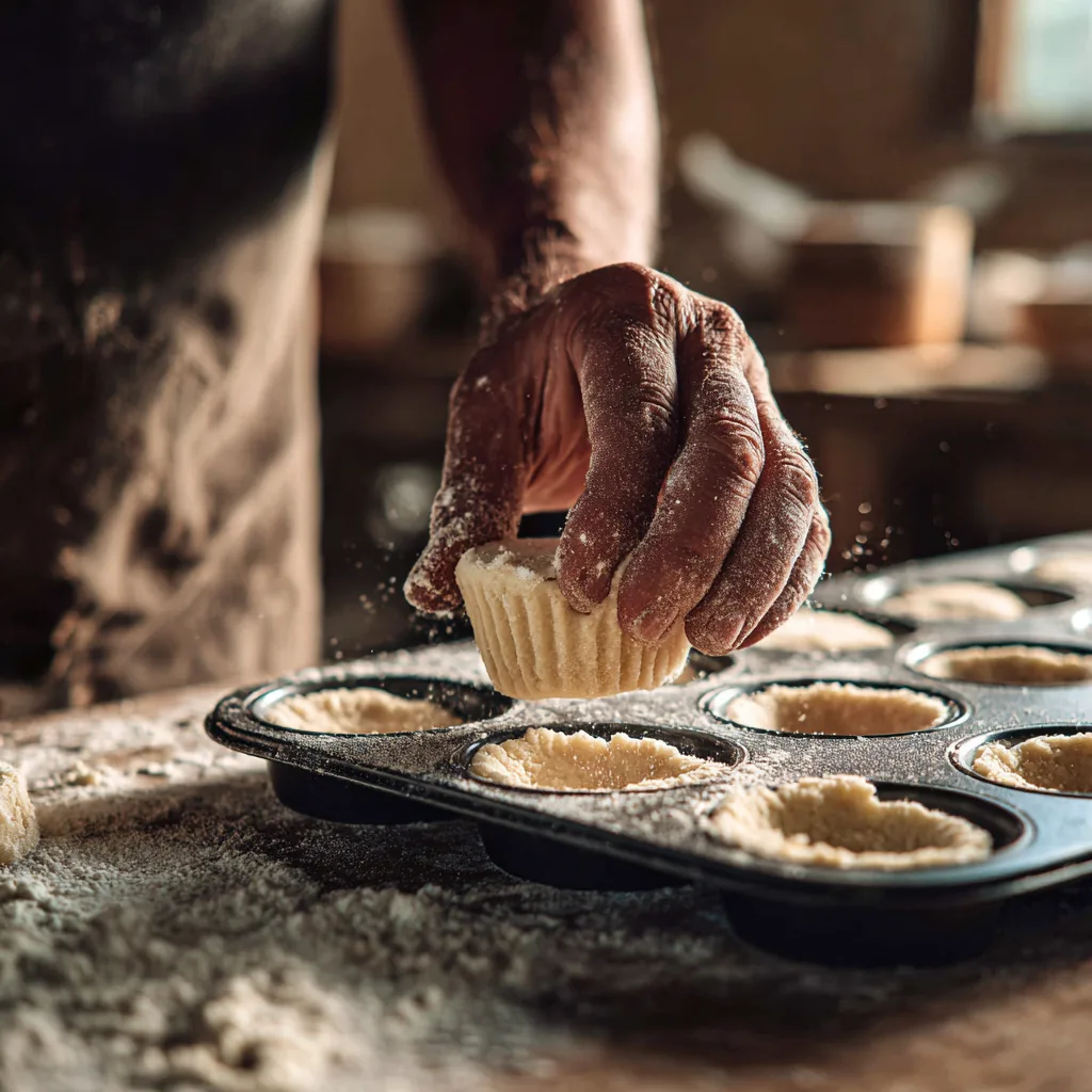 Préparation mini-quiches aux légumes : fonçage de la pâte brisée dans moule à muffins