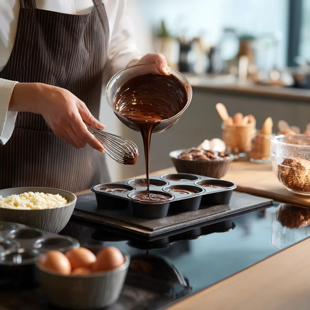 préparation moelleux au chocolat praliné en cuisine avec moules silicone