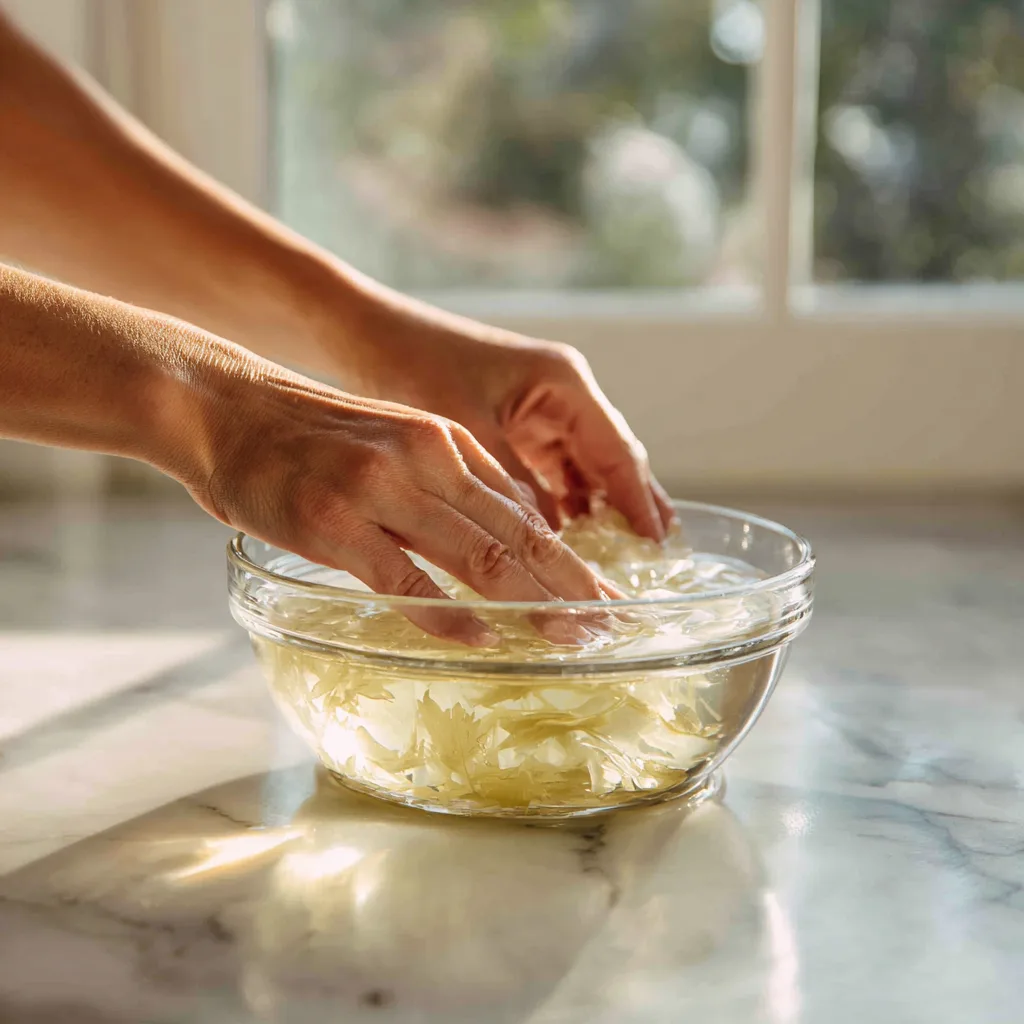 Trempage des feuilles de gélatine pour la panna cotta vanille