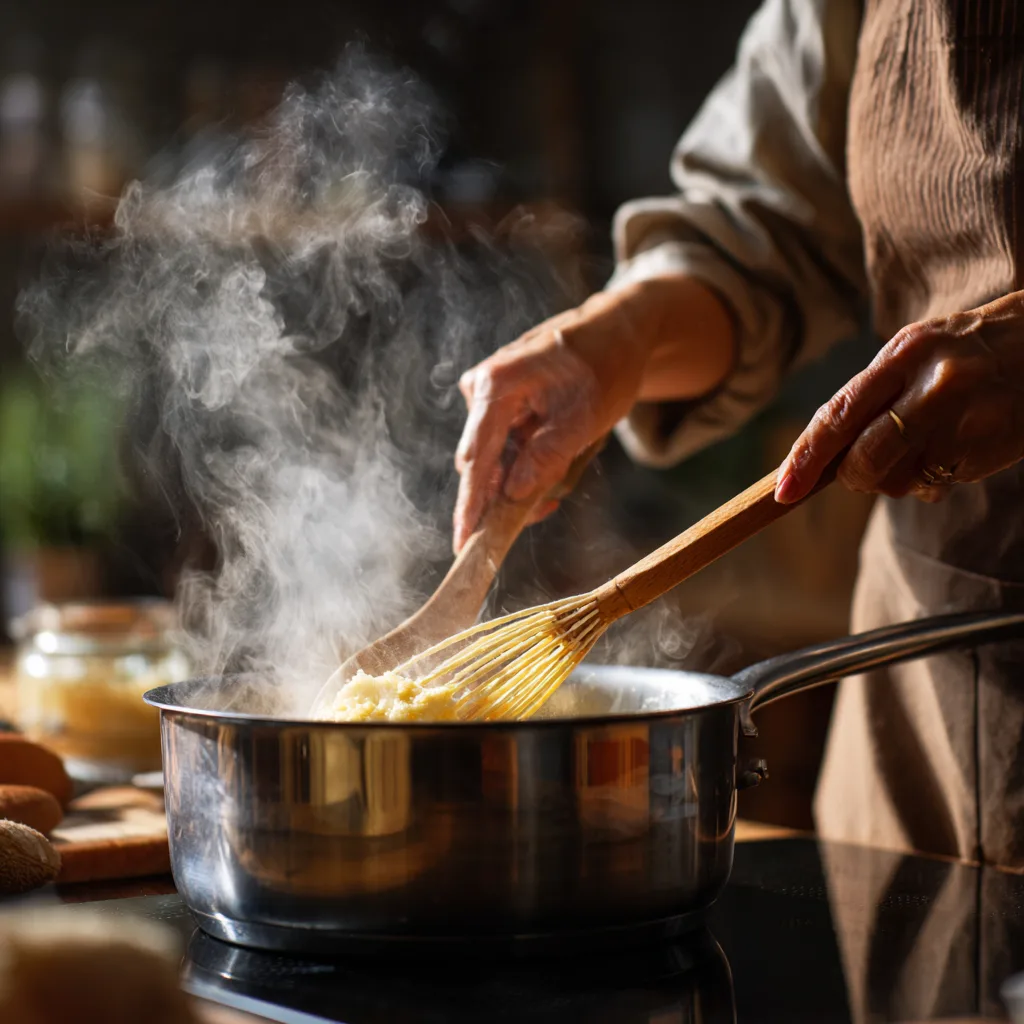 Préparation de la pâte à choux dans une casserole avec spatule en bois