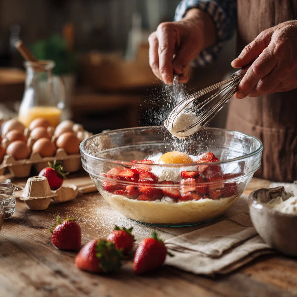 Préparation pâte clafoutis aux fraises et vanille dans un saladier