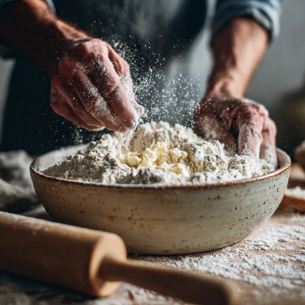 Préparation de la pâte sablée pour tarte chocolat fraises, sablage beurre et farine à la main