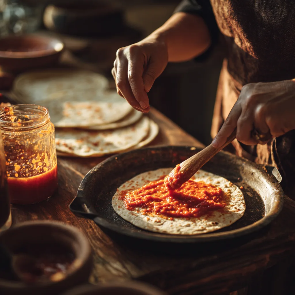 Préparation pizza tortilla étaler sauce tomate sur tortilla de blé