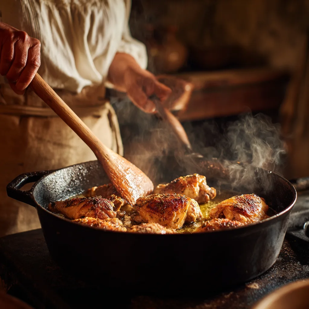 Poulet provençal aux herbes en train de dorer dans une cocotte en fonte